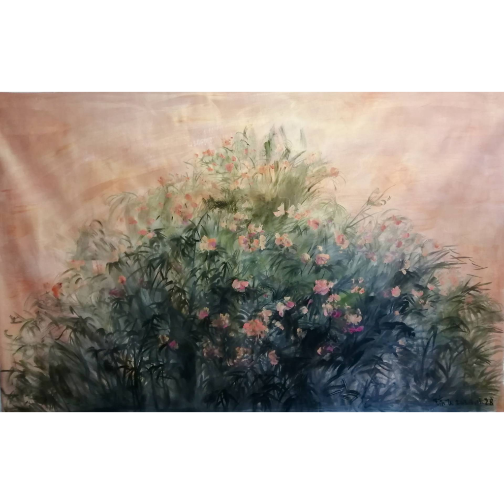 Qiongfei Zhang, Fleurs au soleil couchant, Technique mixte sur toile, 140 x 220 cm