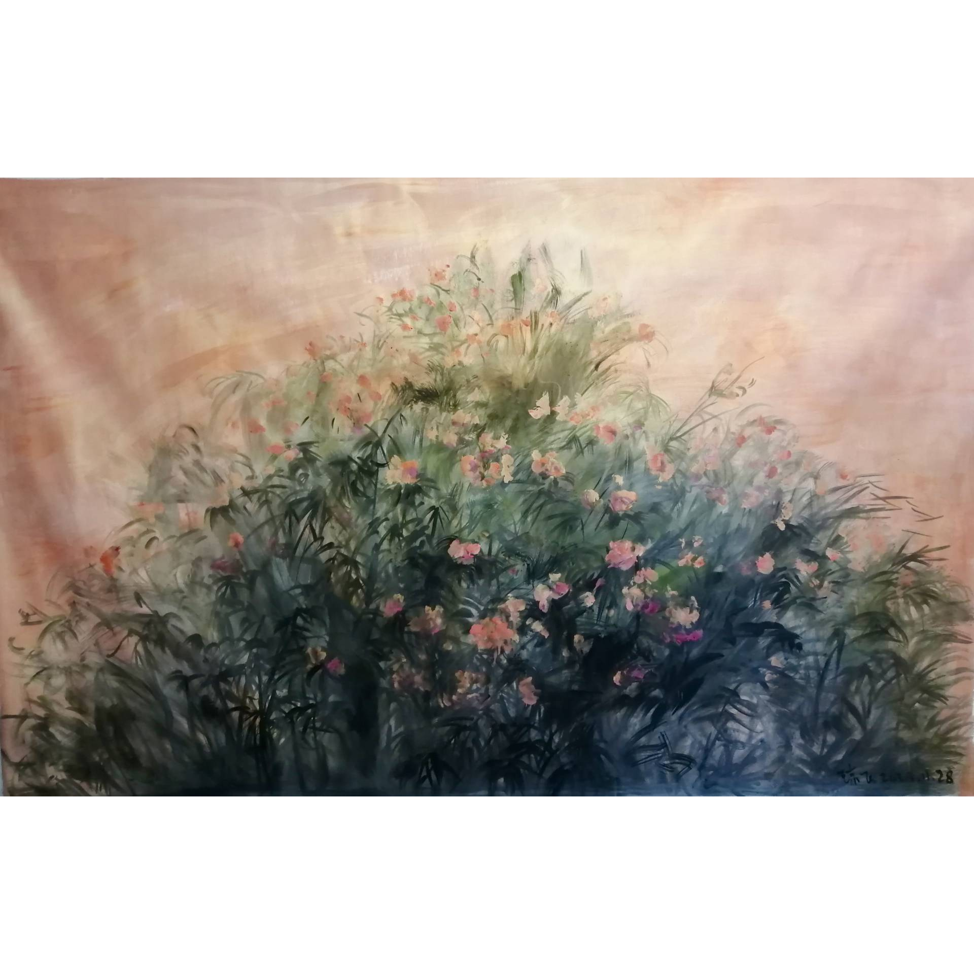 Qiongfei Zhang, Fleurs au soleil couchant, Technique mixte sur toile, 140 x 220 cm