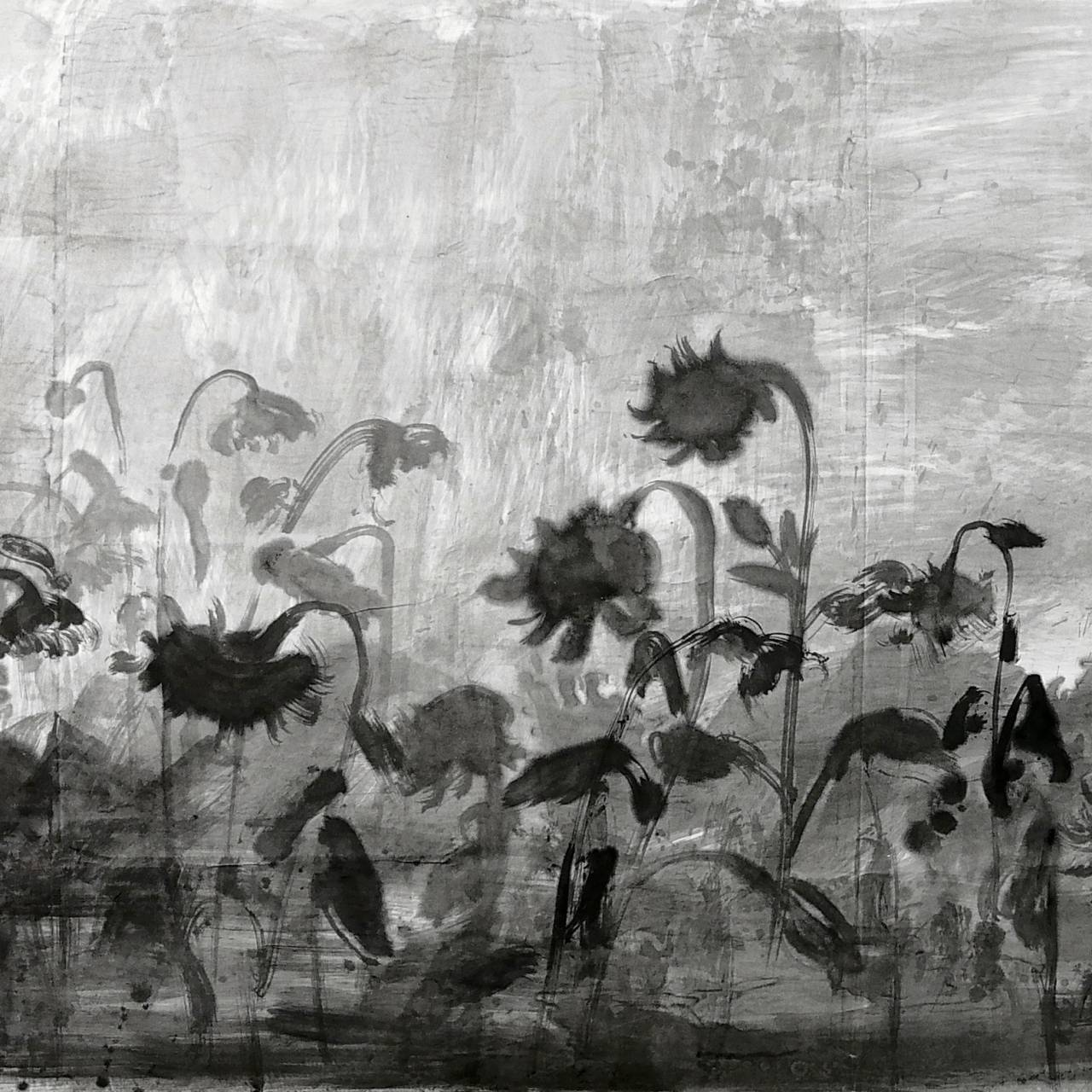 Qiongfei Zhang, Tournesols, Encre se chine sur toile, 140 x 400 cm