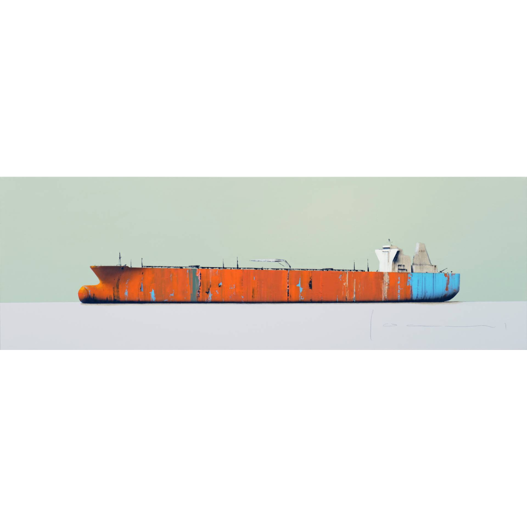 Stéphane JOANNES, Tanker (AD 2022 01), Huile, acrylique, bitume, glycero et aérographe sur toile, 180x60 cm