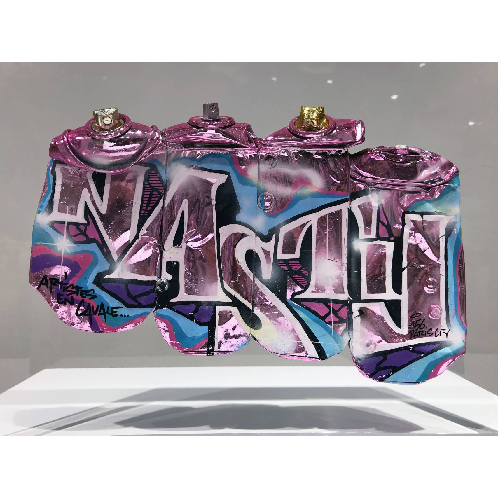 NASTY, 4 crashed cans, Inclusion cristal de synthèse, 33 X 23 X23 cm