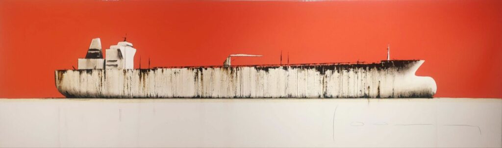 Stéphane JOANNES, Tanker, Huile , acrylique, bitume, glycero, aérographe sur toile, 150 X 45 cm