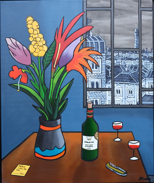 ALIONE, Bouquet tropical, Huile, bombe aérosol et acrylique sur toile, 65 x 54 cm
