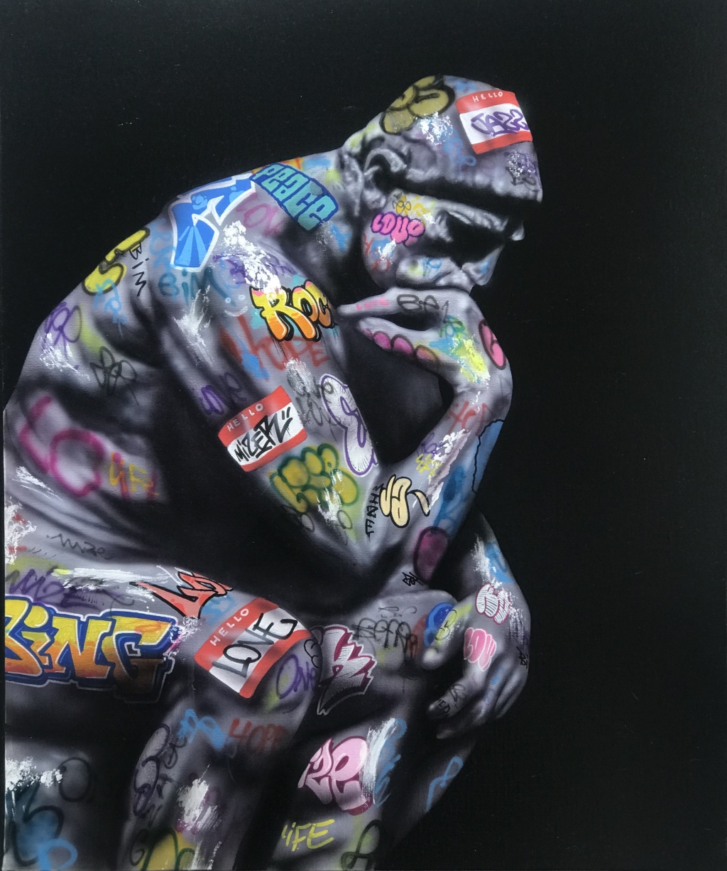 ONEMIZER, Vandal penseur, acrylique, aérosol et marqueur sur toile, 65 X 54 cm, Encadrement caisse américaine Noir