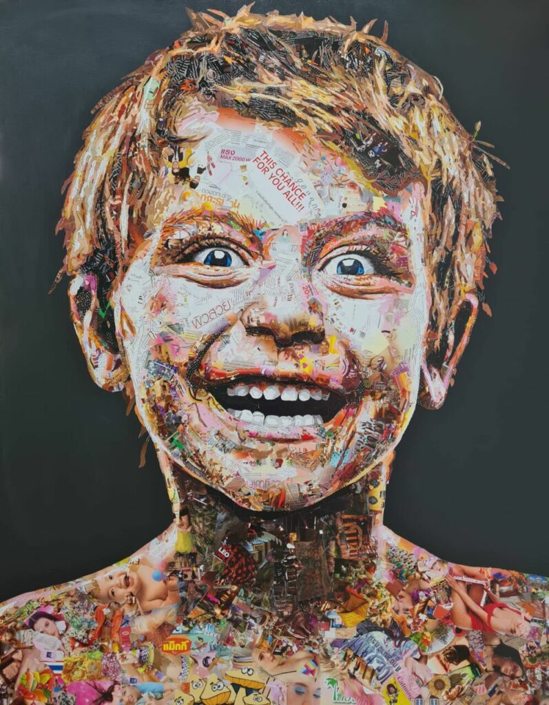 Virut PANCHABUSE, Excited boy, Collage sur toile, 180 x 140 cm